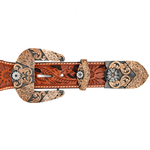 A custom western three piece belt buckle set featuring copper scrollwork